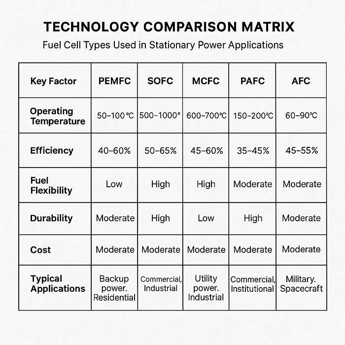 Technology matrix comparing PEM, SOFC, and alkaline fuel cells for stationary power generation
