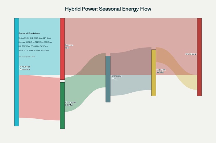 Seasonal energy flow diagram for hydrogen hybrid power systems showing renewable generation, storage, and grid supply patterns across four seasons