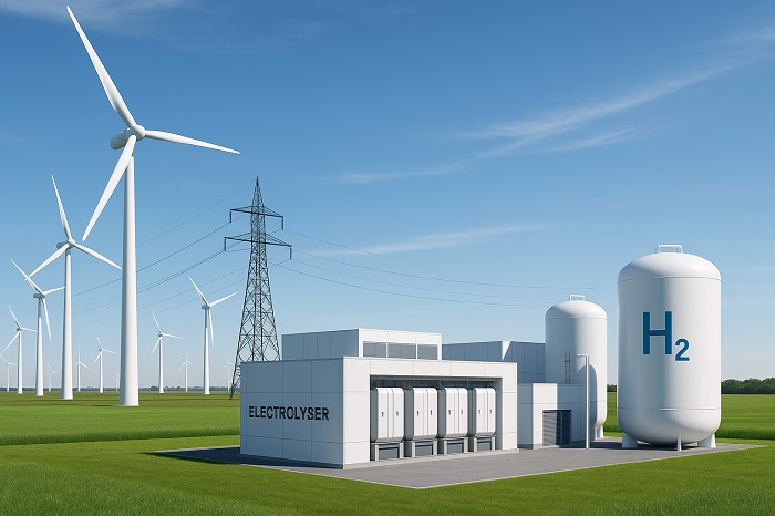 Wind-hydrogen integration showing turbines connected to electrolysis and storage systems