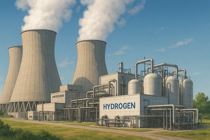 Nuclear power plant integrated with hydrogen production facilities showing reactor buildings and electrolysis units