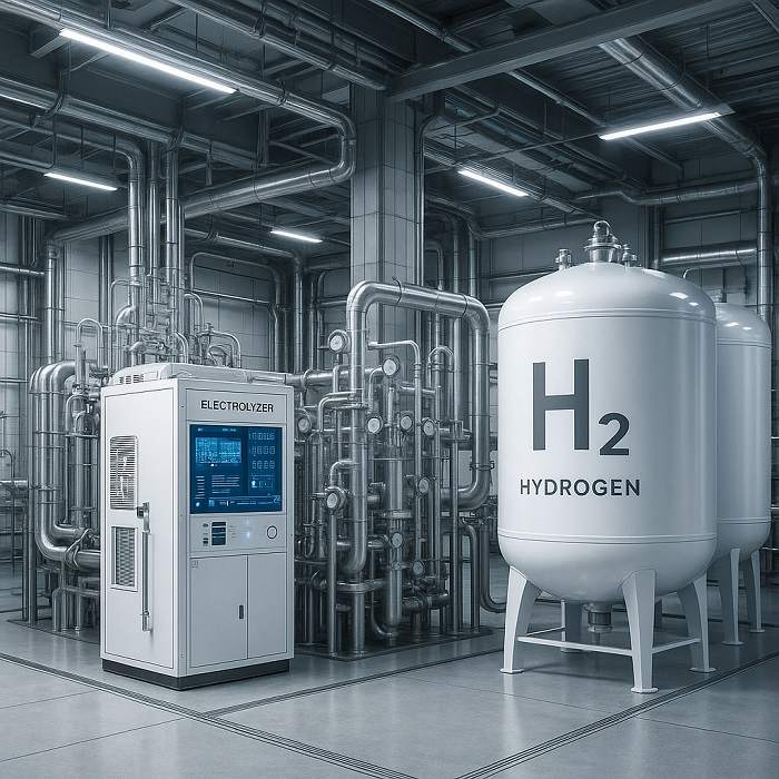 Large-scale industrial hydrogen production and storage facility with electrolysis units and storage infrastructure