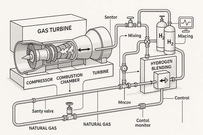 Natural gas power plant retrofitted with hydrogen blending capabilities and supply infrastructure