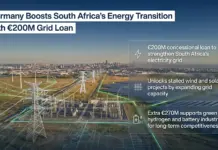 Germany Grants €200M Aid to Boost S Africa Grid, Renewables Infographic announcing Germany's €200M concessional grid loan to strengthen South Africa's electricity grid, with two additional callouts: expanding grid capacity to unlock wind/solar projects and €270M for green hydrogen and batteries, over a backdrop of wind turbines and solar farms.