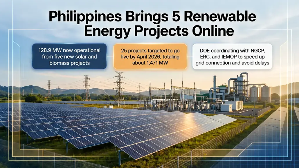 Banner text 'Philippines Brings 5 Renewable Energy Projects Online' over a solar farm with transmission lines and industrial equipment in the background; three callout bubbles show project stats and coordination details.
