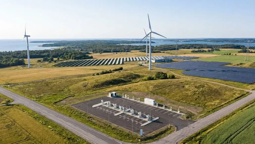 Aerial view of a renewable energy site with wind turbines, solar panels, and a utility area in a rural landscape within reach of water in the distance.