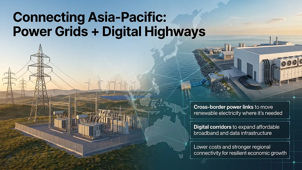 Banner conveying Asia-Pacific power grids and digital highways: wind farm, substations, coastal plant, and network map; highlights cross-border power links, digital corridors, and stronger regional connectivity for growth.