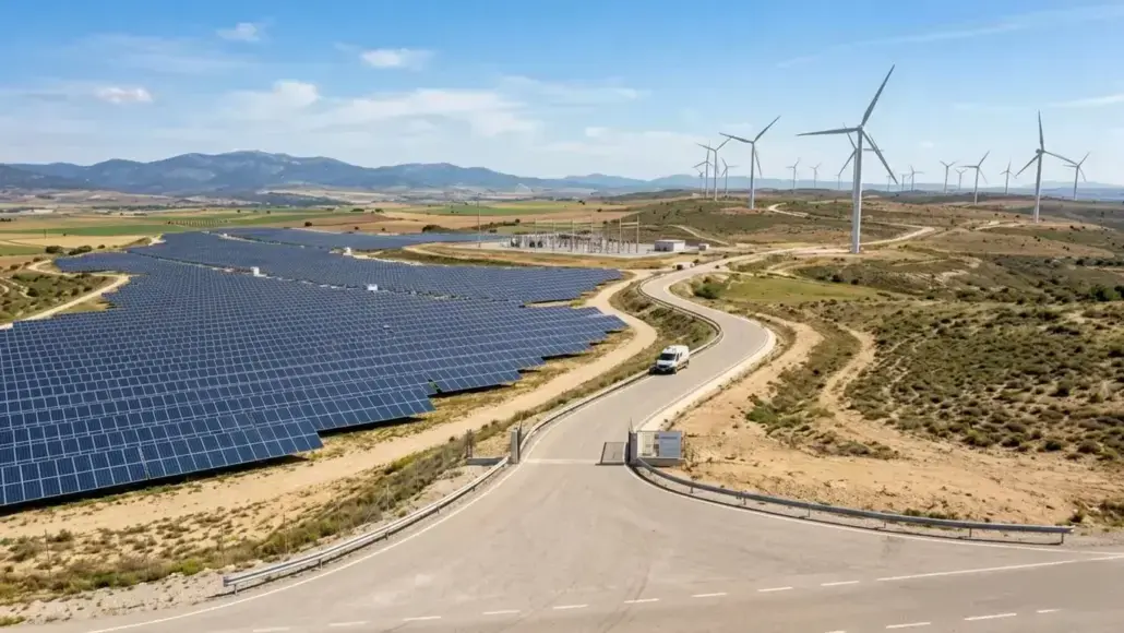 Wide view of a solar farm with rows of solar panels and wind turbines on rolling hills under a blue sky.