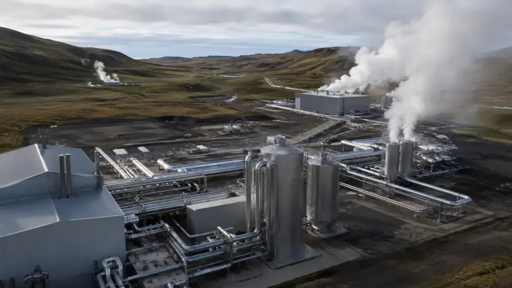 Aerial view of a large industrial facility with interconnected stainless steel pipes and tall smokestacks emitting steam, in a barren hilly landscape.