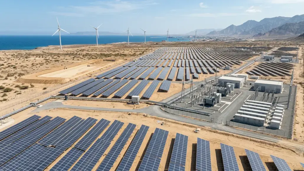 Coastal desert solar farm with rows of photovoltaic panels and wind turbines on the horizon near the sea and mountains.