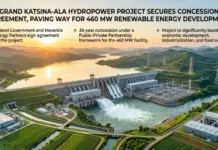 Nigeria Inks Grand Katsina-Ala Hydropower Project Concession Aerial view of the Grand Katsina-Ala Hydropower Project: dam, reservoir, and power plant amid green hills with an informational banner across the top.