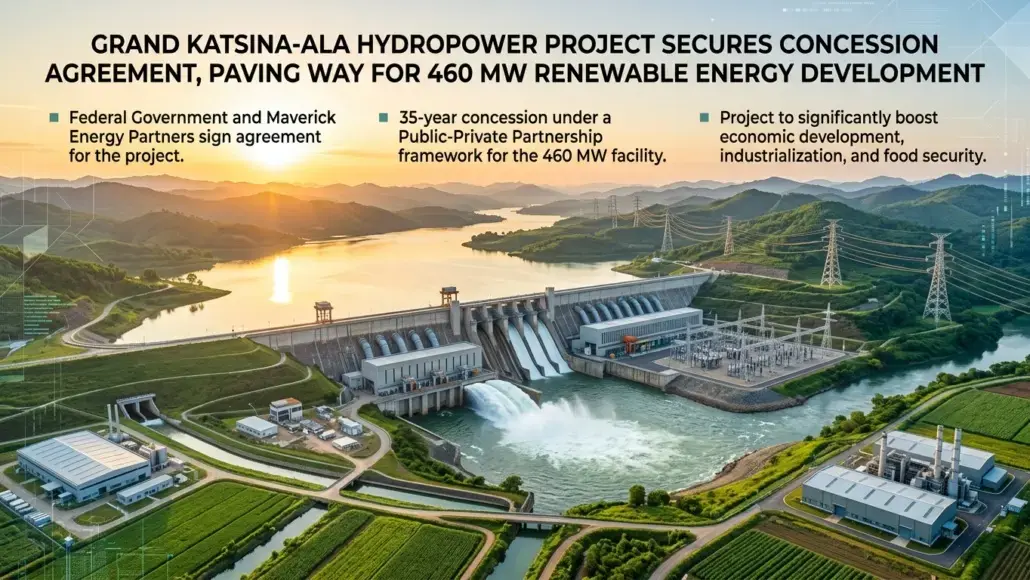 Aerial view of the Grand Katsina-Ala Hydropower Project: dam, reservoir, and power plant amid green hills with an informational banner across the top.