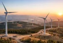 Nordex Group Wins Order for Türkiye’s Balikesir-3 Wind Farm Wind turbines on rolling hills at sunset, a wind farm stretching into the distance in warm light.