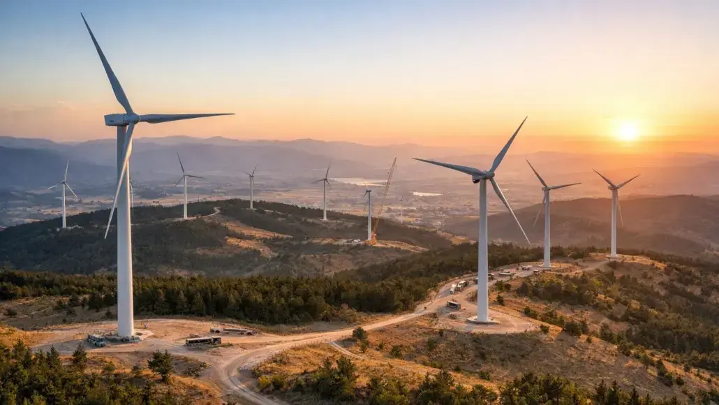 Wind turbines on rolling hills at sunset, a wind farm stretching into the distance in warm light.