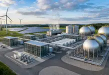 EU Approves €1.3B German Aid to Boost Renewable Hydrogen A modern energy facility with large silver storage tanks, interconnected pipes, and processing buildings, set against wind turbines in a green landscape.