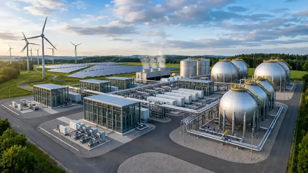 A modern energy facility with large silver storage tanks, interconnected pipes, and processing buildings, set against wind turbines in a green landscape.