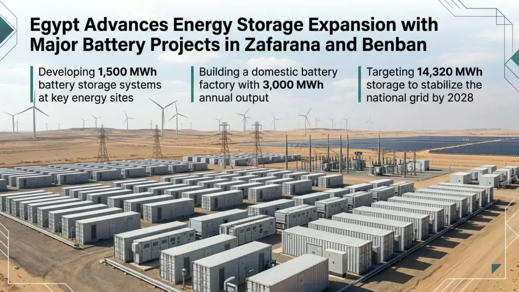 Egypt's energy storage expansion: desert site with rows of containerized battery units, wind turbines, and solar farms, outlining 1,500 MWh at key sites, a 3,000 MWh annual factory output, and 14,320 MWh to stabilize the grid by 2028.