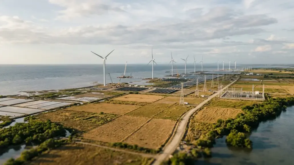 Aerial view of a coastal wind farm with tall turbines, solar panels, and flat fields along the shoreline by the sea.