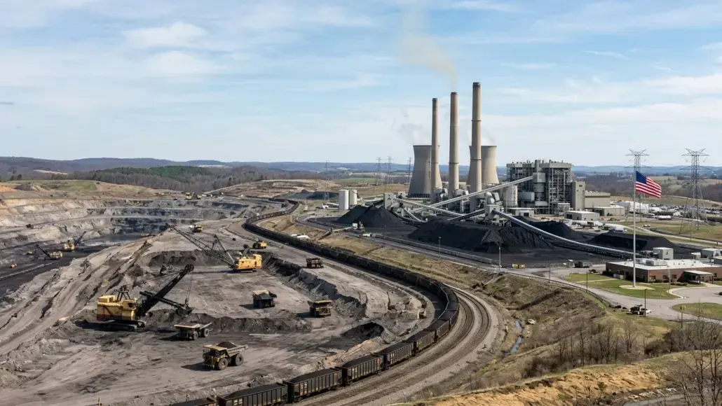 Coal mine and power plant with excavators, coal piles, and a long freight train near the facility; US flag visible nearby.