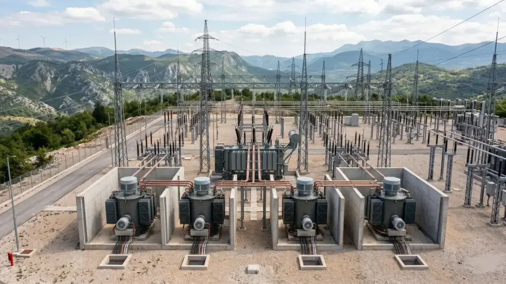 Electrical substation with three large transformers in concrete basins, copper piping, and tall transmission pylons against a mountainous landscape in the distance.