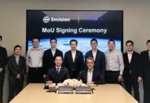 Envision Energy, IES to Partner on Laos Future Energy System Two men sit at a conference table signing documents while nine colleagues stand behind them during a MoU signing ceremony, with a screen reading 'MoU Signing Ceremony' in the background.