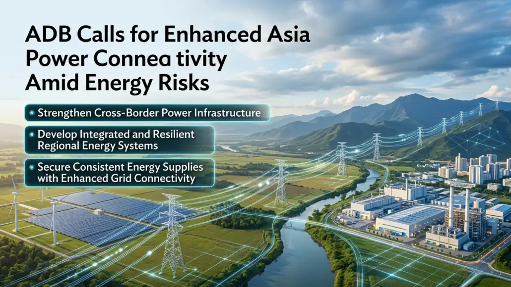 ADB calls for enhanced Asia power connectivity amid energy risks; bullets highlight stronger cross-border infrastructure, integrated regional energy systems, and secure grid connectivity.
