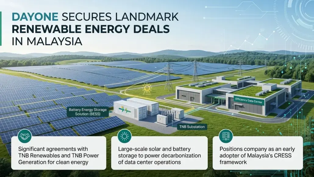 Infographic showing a solar farm with battery storage, a TNB substation, and an Efficiency Data Center promoting renewable energy deals in Malaysia.