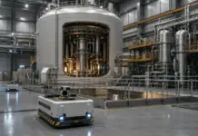 Rolls-Royce, UK, Japan Boost Advanced Nuclear Technologies Automated ground vehicle in a large industrial facility near a massive cylindrical reactor enclosure.