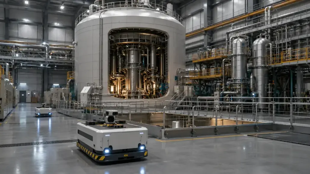 Automated ground vehicle in a large industrial facility near a massive cylindrical reactor enclosure.
