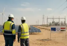 Clean Energy Grid Boosted by €690M Egypt-EU Funding Deal Two workers in hard hats and high-visibility vests stand in a desert solar farm with wind turbines in the background, discussing the site.