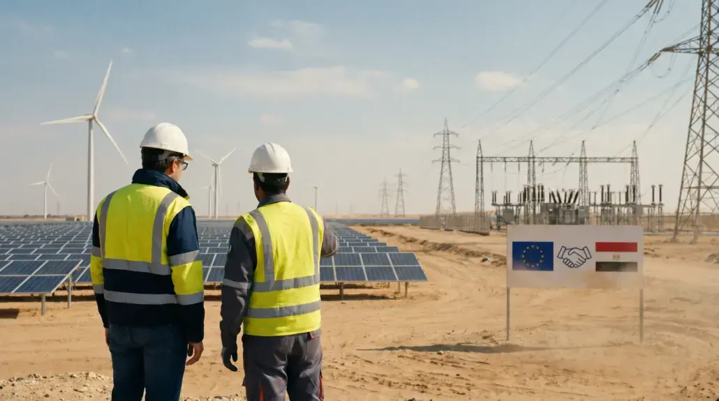 Two workers in hard hats and high-visibility vests stand in a desert solar farm with wind turbines in the background, discussing the site.