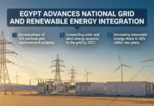 Egypt Advances National Grid Reinforcement for Renewables Desert energy site with wind turbines, solar panels, and containers beneath a banner: 'Egypt Advances National Grid and Renewable Energy Integration.'
