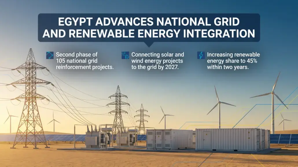 Desert energy site with wind turbines, solar panels, and containers beneath a banner: 'Egypt Advances National Grid and Renewable Energy Integration.'