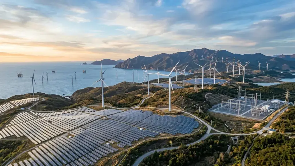 Coastal renewable energy site with wind turbines on hills and solar panels in the foreground, the sea and mountains in the distance at sunset/ twilight.