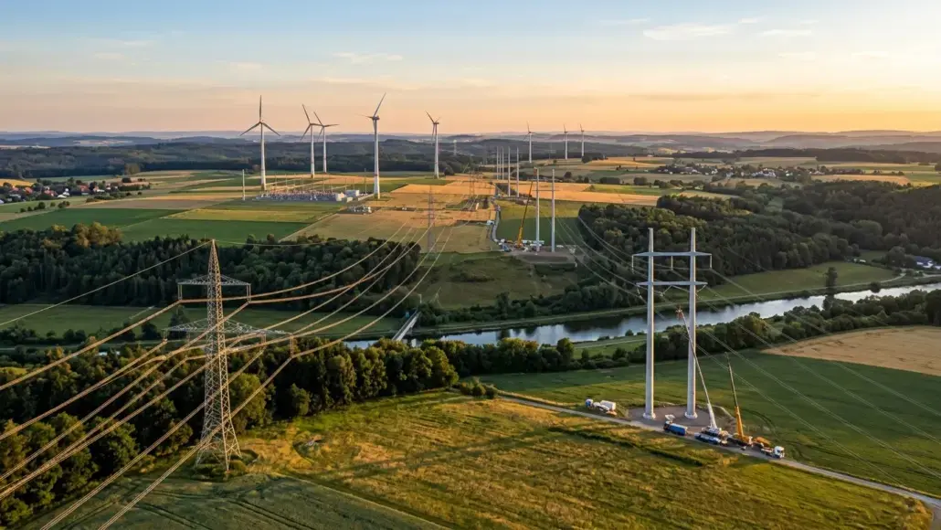 Aerial view of wind farm with tall turbines, power lines, and a river winding through green fields at sunset.