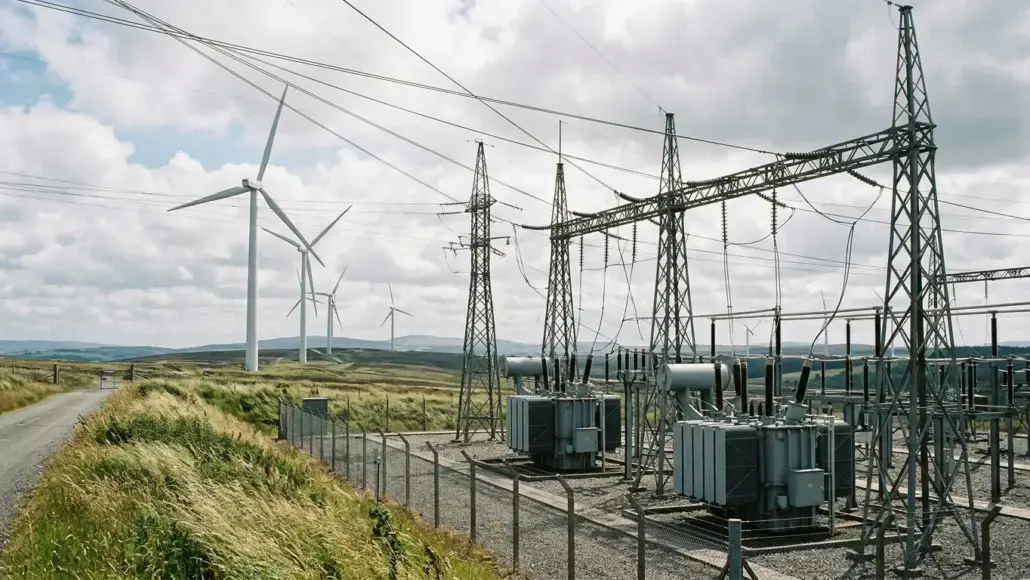 Wind turbines on a grassy hill with a nearby electrical substation and power lines in a rural landscape