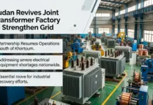 Sudan Revives Joint Transformer Factory to Strengthen Grid Industrial transformer factory interior with large electrical equipment; overlay headline reads 'Sudan Revives Joint Transformer Factory to Strengthen Grid' and three bullet points about operations, shortages, and recovery.