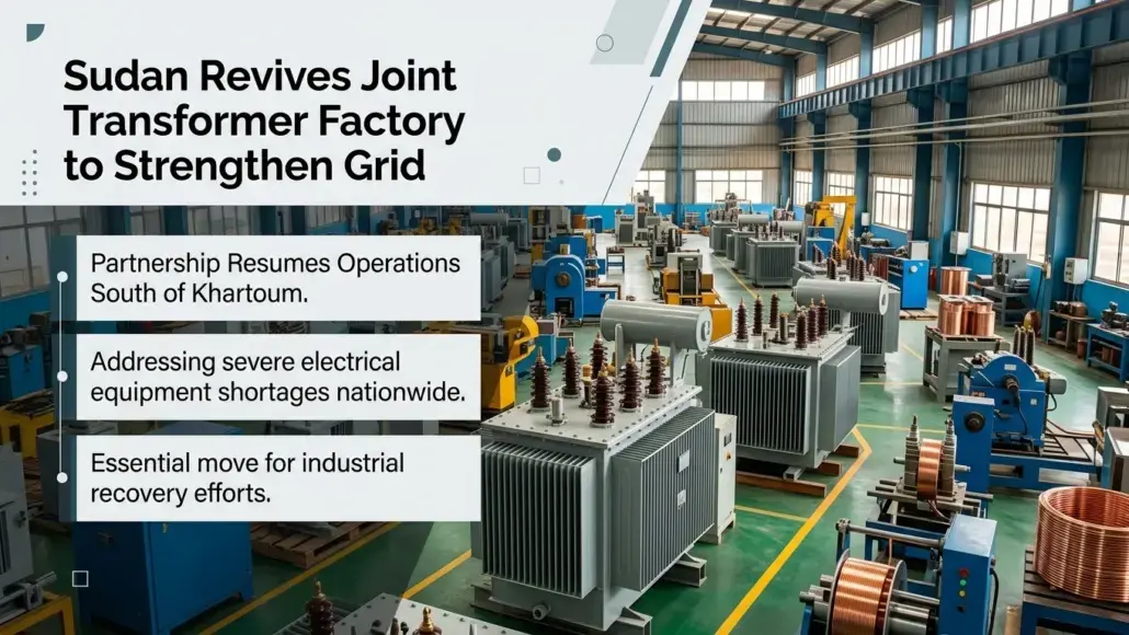 Industrial transformer factory interior with large electrical equipment; overlay headline reads 'Sudan Revives Joint Transformer Factory to Strengthen Grid' and three bullet points about operations, shortages, and recovery.