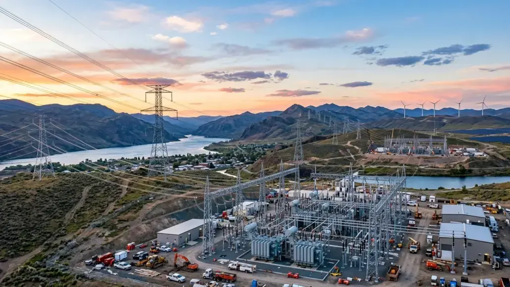Large power substation with transformers and metal framework, power lines crossing rolling hills beside a river at sunset.