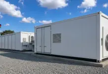 First Utility Scale BESS Strengthens Malawi Power Grid Row of white modular container buildings on a gravel lot, with a flag in the background and blue sky above.