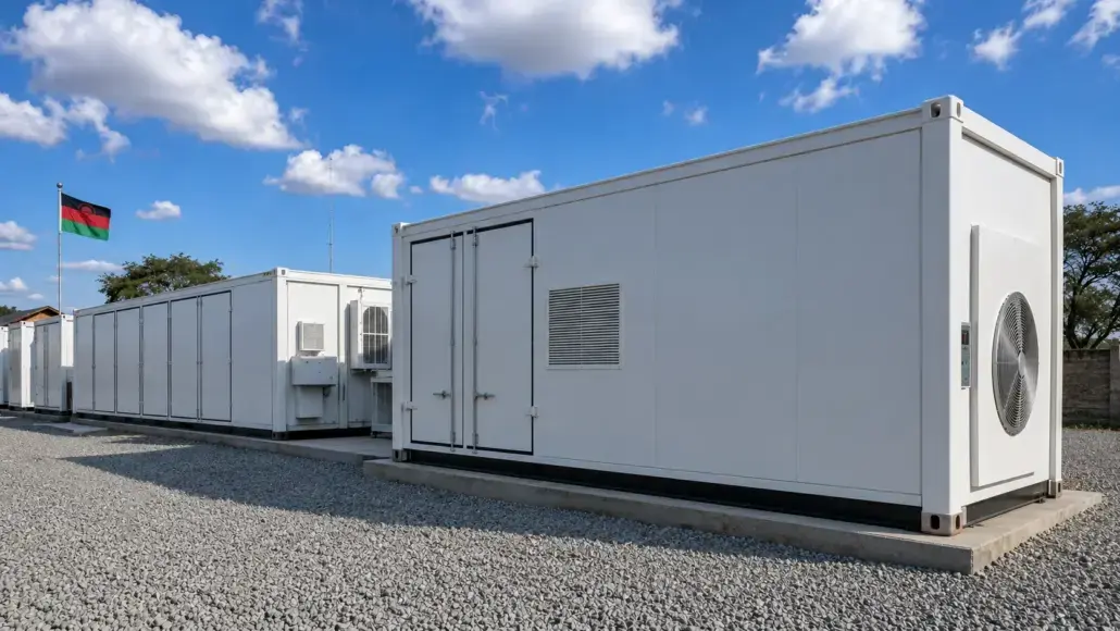 Row of white modular container buildings on a gravel lot, with a flag in the background and blue sky above.