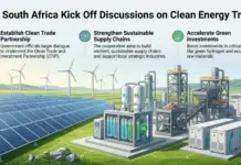 EU, South Africa Kick Off Discussions on Clean Energy Trade Infographic showing solar panels, wind turbines, and a hydrogen energy facility under the headline about EU and South Africa discussing clean energy trade, with three goals: partnership, sustainable supply chains, and green investments.