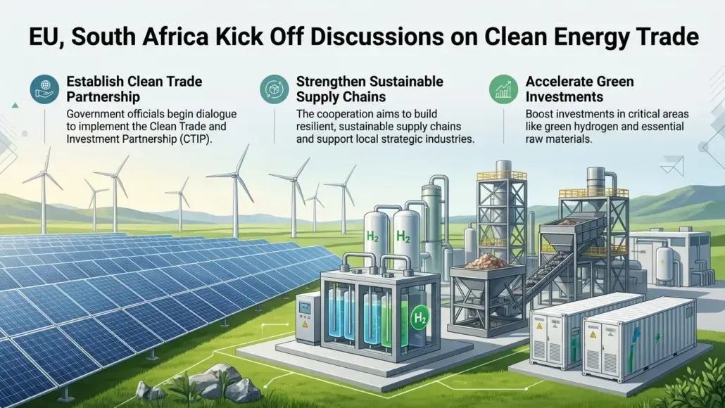 Infographic showing solar panels, wind turbines, and a hydrogen energy facility under the headline about EU and South Africa discussing clean energy trade, with three goals: partnership, sustainable supply chains, and green investments.