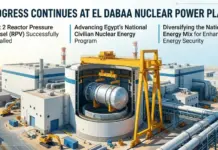 Egypt Advances El Dabaa Nuclear Power Plant Construction Infographic of El Dabaa Nuclear Power Plant showing progress: Unit 2 Reactor Pressure Vessel installed, advancing Egypt's civilian nuclear energy program, and diversified energy mix for security.