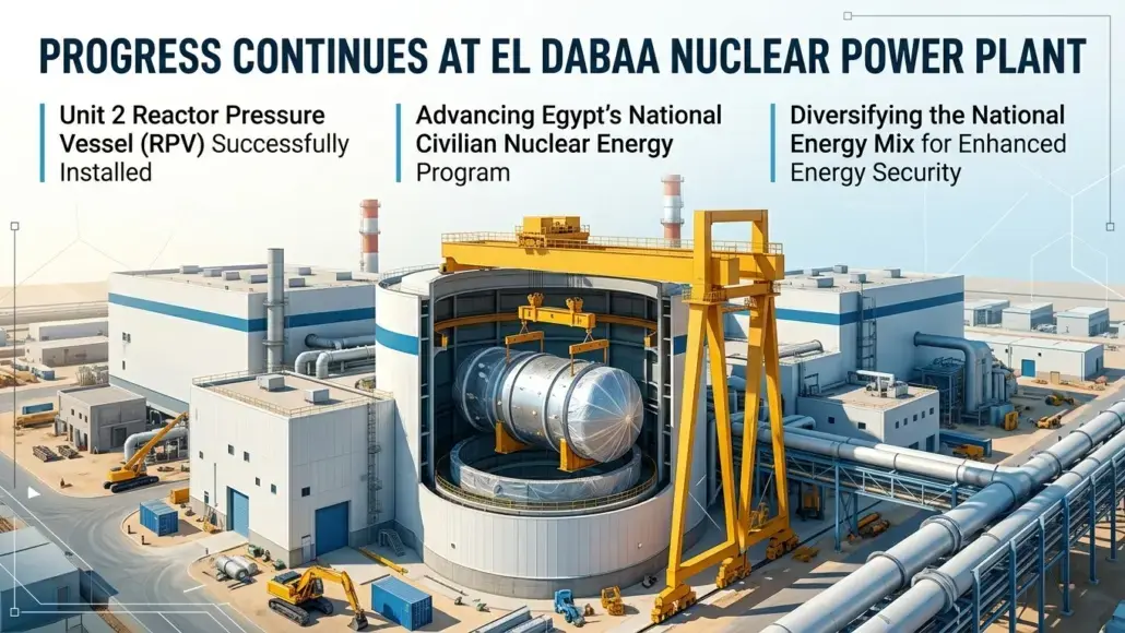 Infographic of El Dabaa Nuclear Power Plant showing progress: Unit 2 Reactor Pressure Vessel installed, advancing Egypt's civilian nuclear energy program, and diversified energy mix for security.