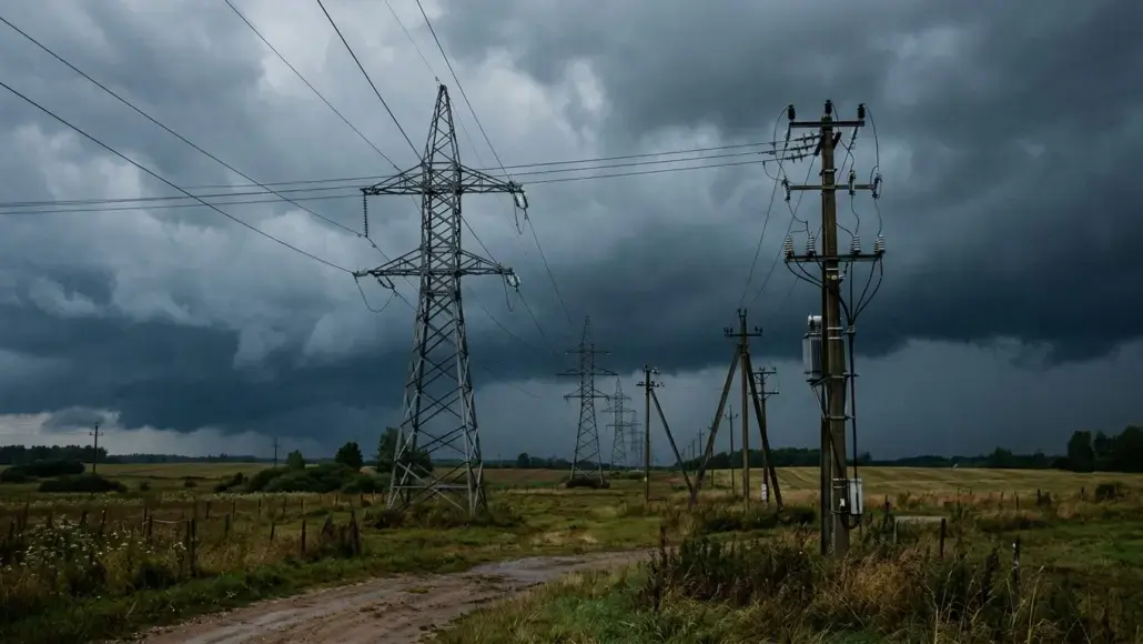 Transmission towers and power lines stretch across a rural field under dark storm clouds as a storm approaches.