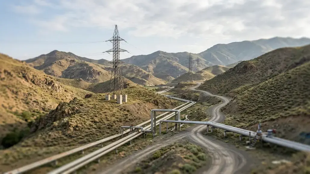 Desert hills with elevated pipelines and metal transmission towers traversing winding dirt roads under a cloudy sky