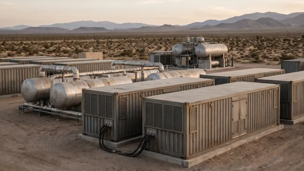 Industrial desert facility with large metal tanks, refrigeration/piping, and module containers connected by pipes.