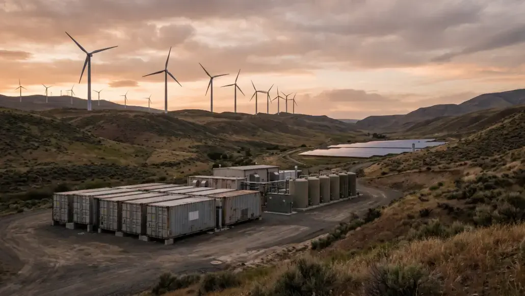 Wind turbines on a hillside at sunset overlooking an energy storage site with containers and tanks in the foreground.