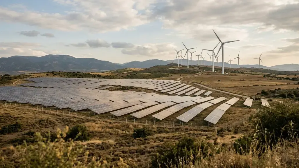 Rows of solar panels spread across a dry hillside with wind turbines on the distant horizon under a cloudy sky, showing renewable energy.
