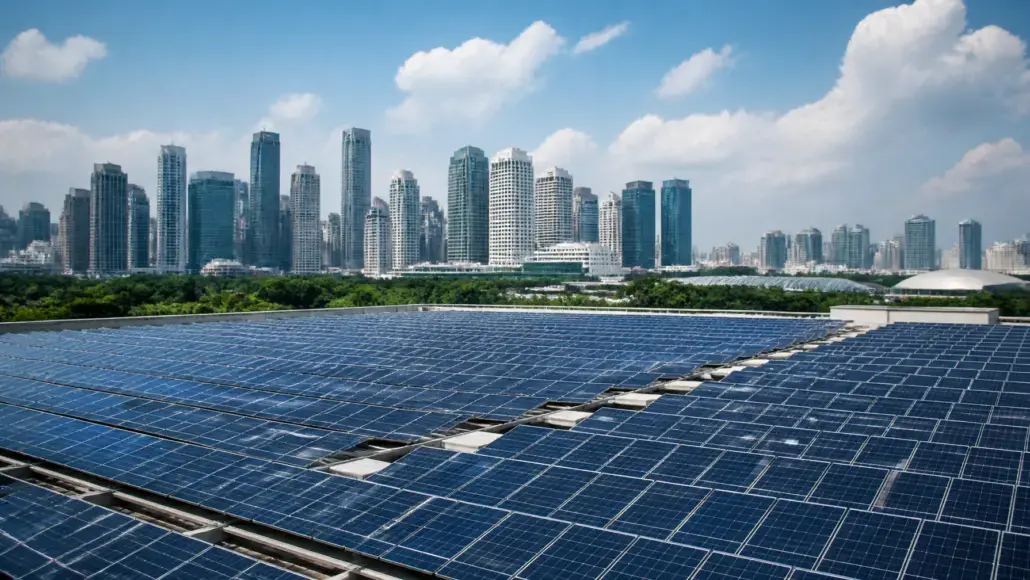 Rows of blue solar panels on a rooftop with a city skyline in the distance under a blue sky.